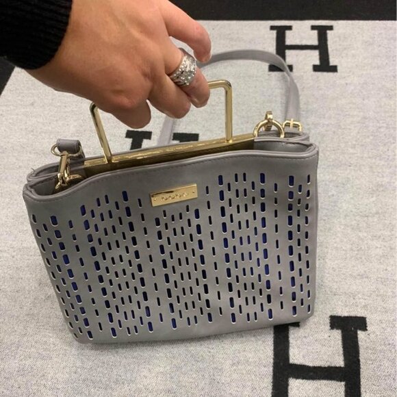 Bebe- gray crossbody bag with gold accents/handle. 2 large compartments. Adjusta - Picture 4 of 10